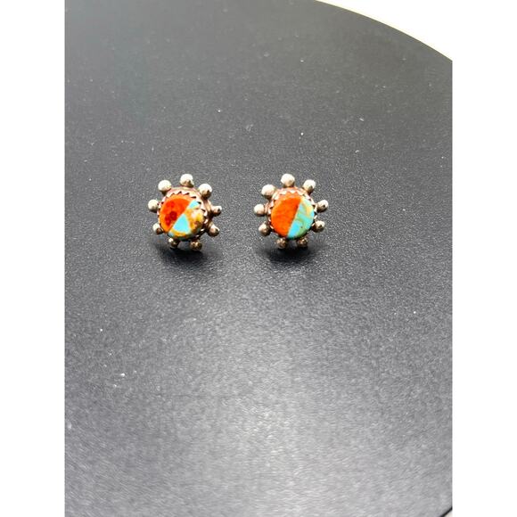 Sterling Silver Signed Designer Turquoise and Coral Small Stud Pierced Earrings - Picture 6 of 10